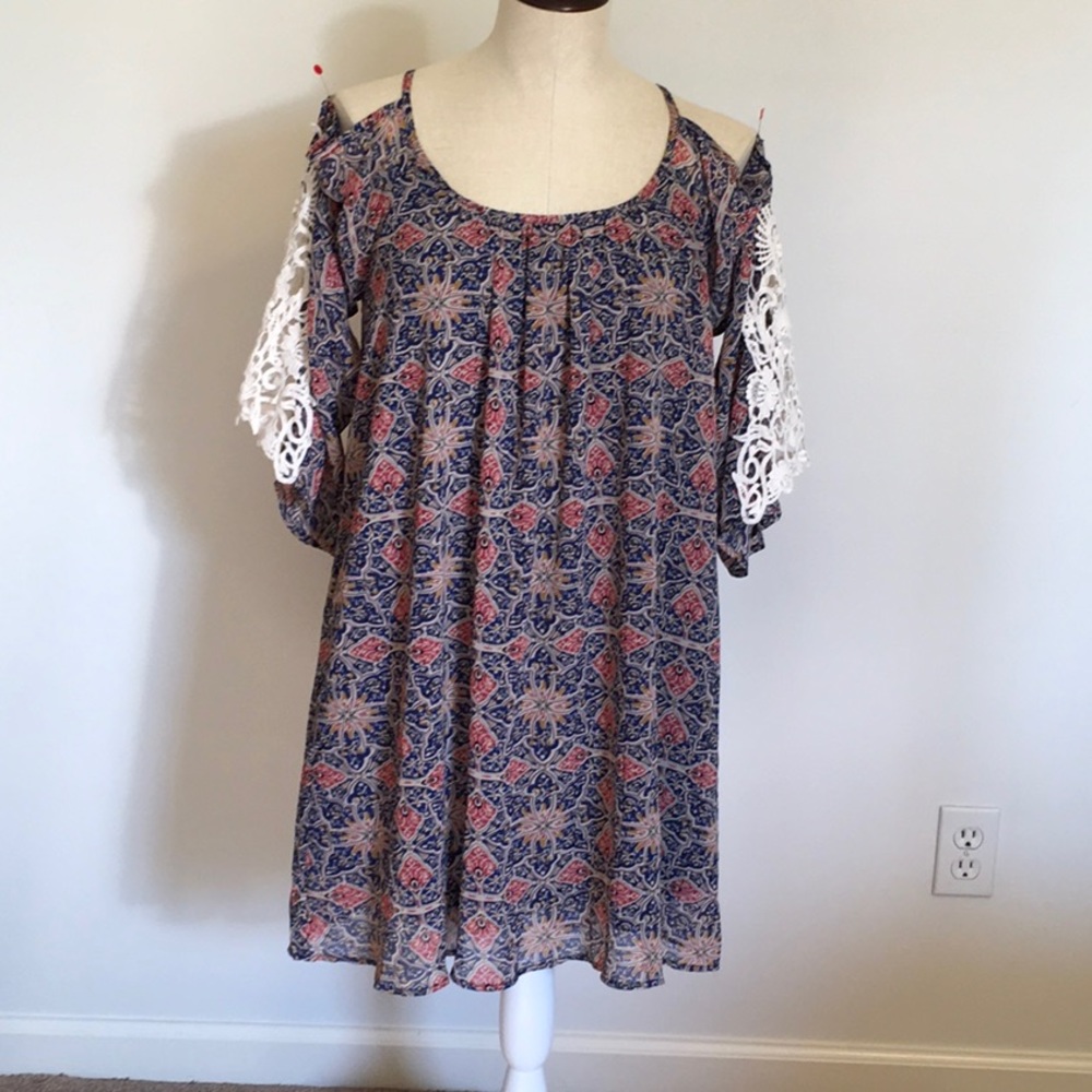 Umgee Boho Cold Shoulder Floral Print Dress Sz M
